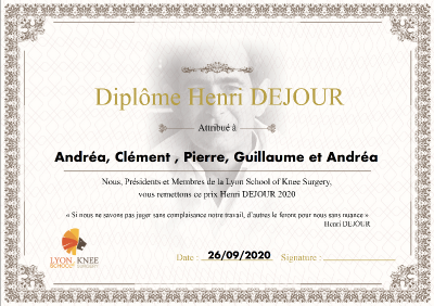 1er Prix Henri DEJOUR de la Lyon School of Knee Surgery: 5 lauréats invités.